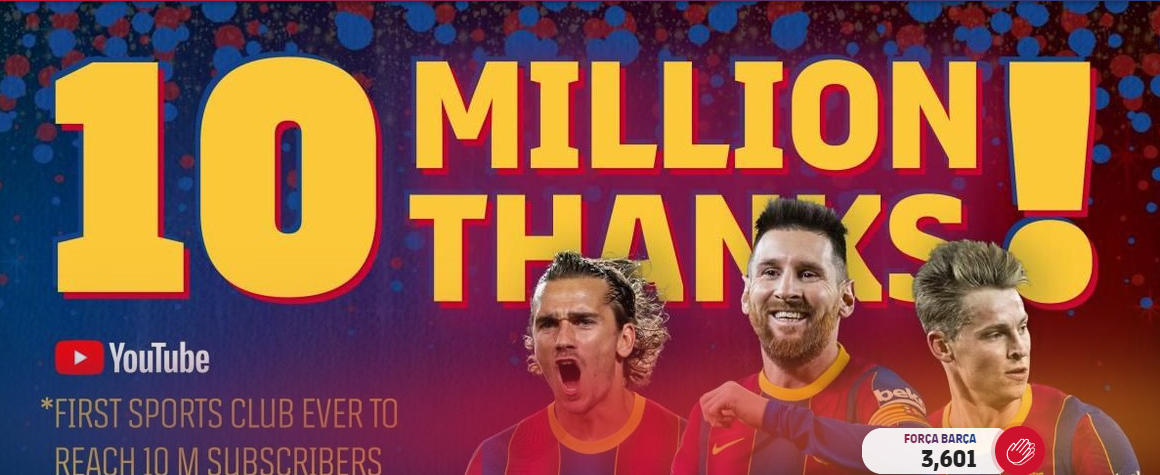 FC Barcelona becomes first sports club in the world to have over 10 million subscribers on YouTube